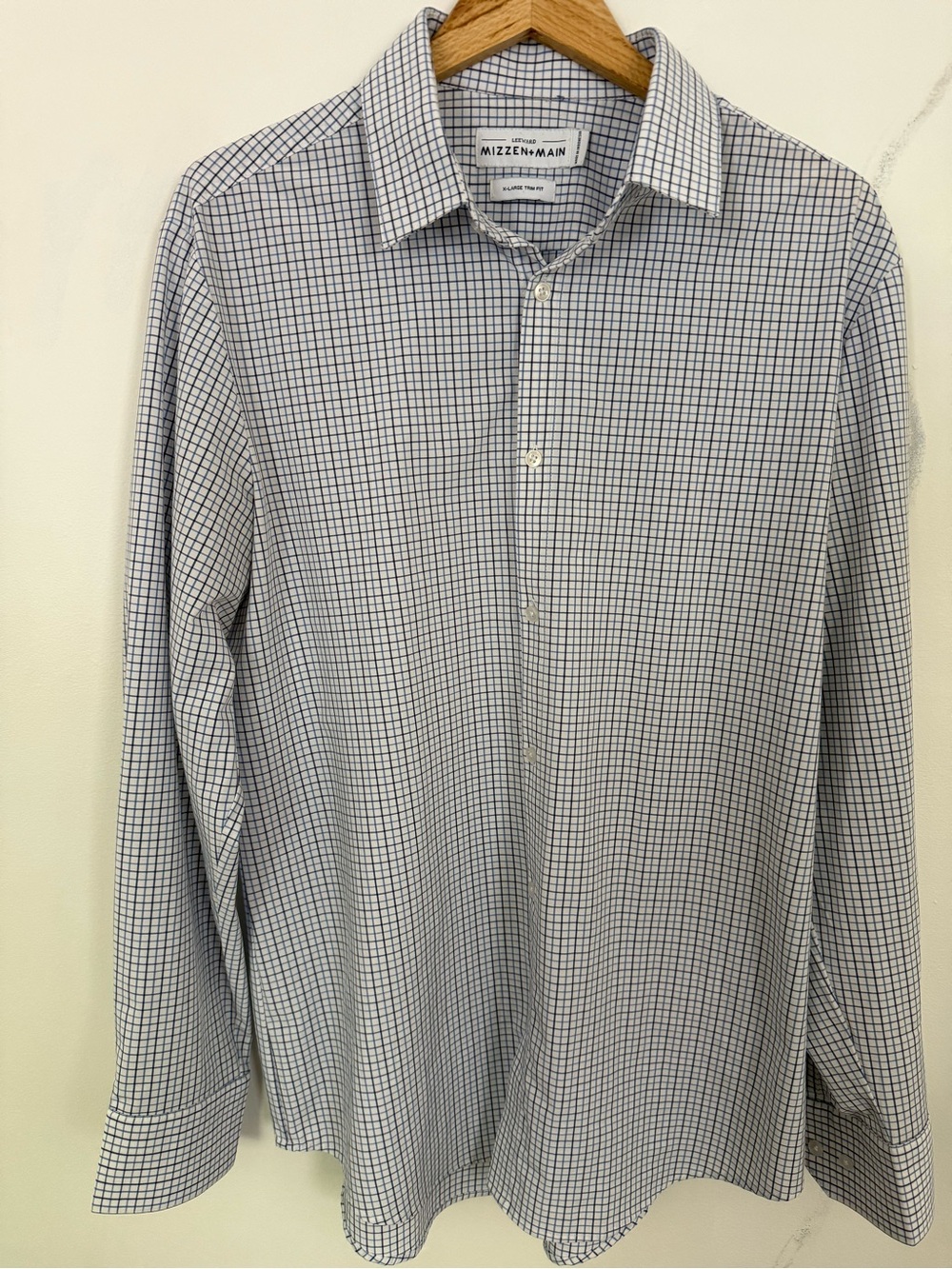 Mizzen+Main White Dress Shirt with Blue Windowpane Check